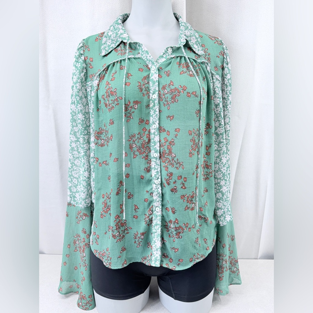 Free People Green Floral Tie-Front Lightweight Blouse